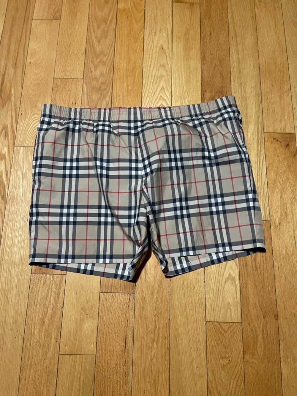Burberry Beige, Navy & Red Plaid Swim Shorts